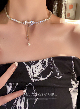 轻奢小众蝴蝶结流苏珍珠项链