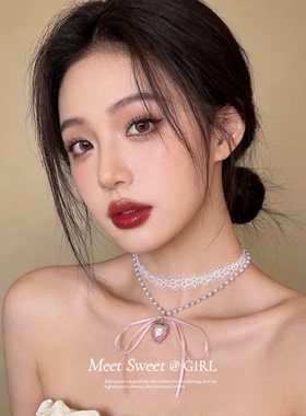 甜妹风蕾丝珍珠草莓蝴蝶结项链