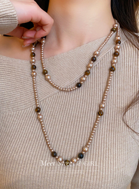 叠戴长款虎眼石珍珠款毛衣链