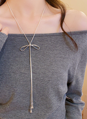 银色蝴蝶结抽拉式项链女