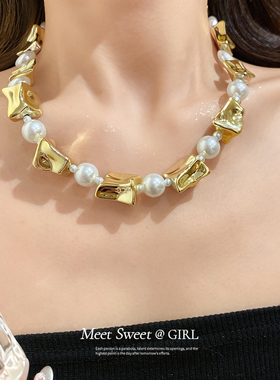 欧美复古方形珍珠项链夸张锁骨链