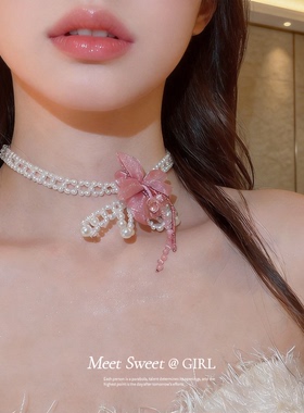 法式珍珠雪纺花项链锁骨颈链女
