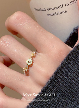 金色珍珠花朵开口戒指