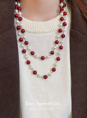 珍珠串珠双层叠戴项链