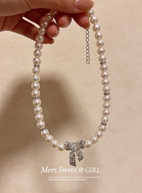 珍珠串珠蝴蝶结项链锁骨颈链女