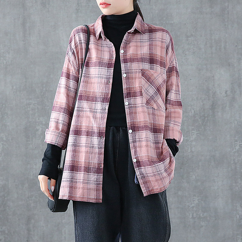 秋冬装文艺范加绒加厚格子打底衫 dza衬衫