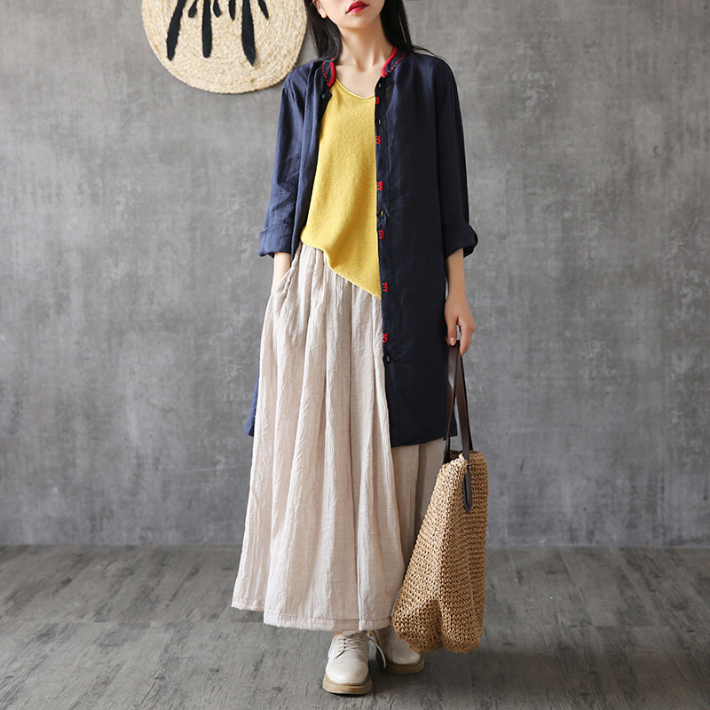 dza垂感亚麻复古高腰裙棉麻长裤子 dza休闲裤