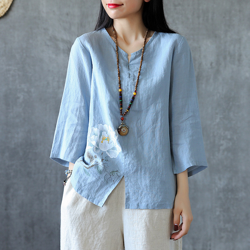 dza复古小v领开叉荷花七分袖t恤 dzaT恤