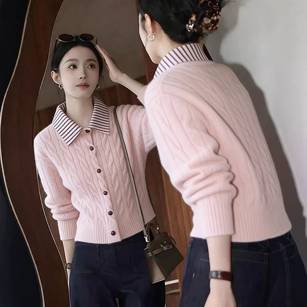 韩系小个子甜美粉色翻领长袖针织开衫女春秋2026新款假两件软糯,淘宝优惠券,粉丝福利购,淘宝优惠卷