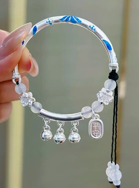 足银999新中式弯管竹节铃铛半镯手链一步一响莲花项链送女友礼物