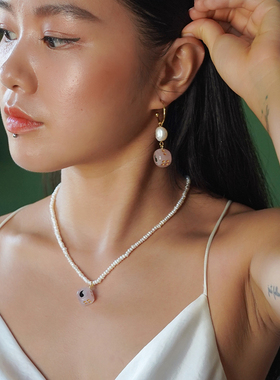 骰子粉水晶灰玛瑙复古珍珠项链