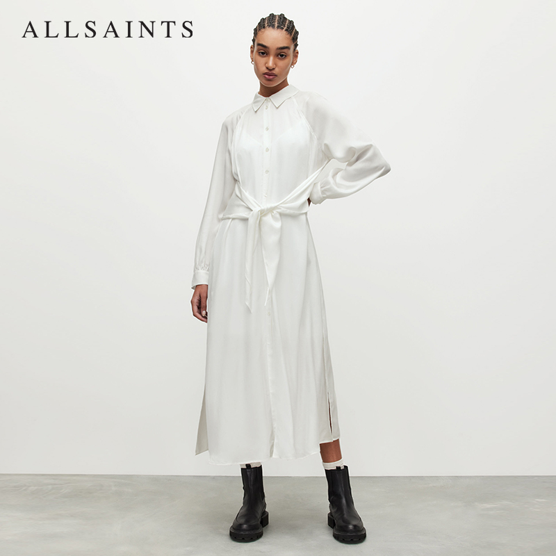 ALLSAINTS女士长袖连衣裙春秋季款白色系带打底衬衫裙WD388Y - 图0