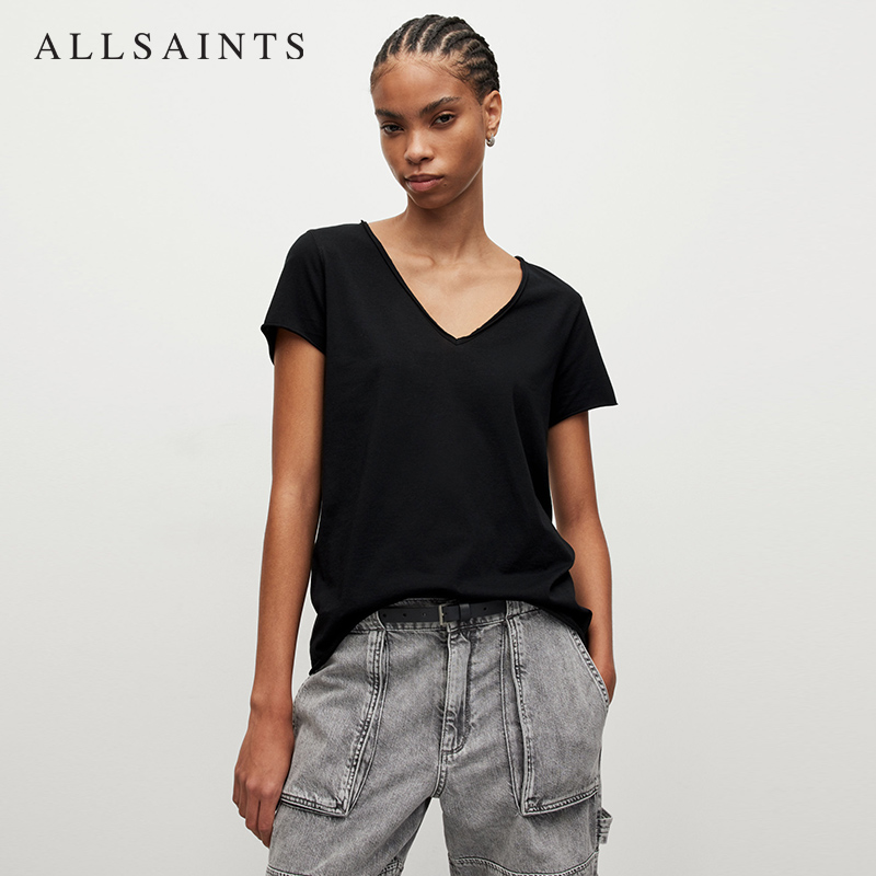 ALLSAINTS女士V领短袖T恤官方新品春夏经典款休闲宽松上衣WM115P - 图0