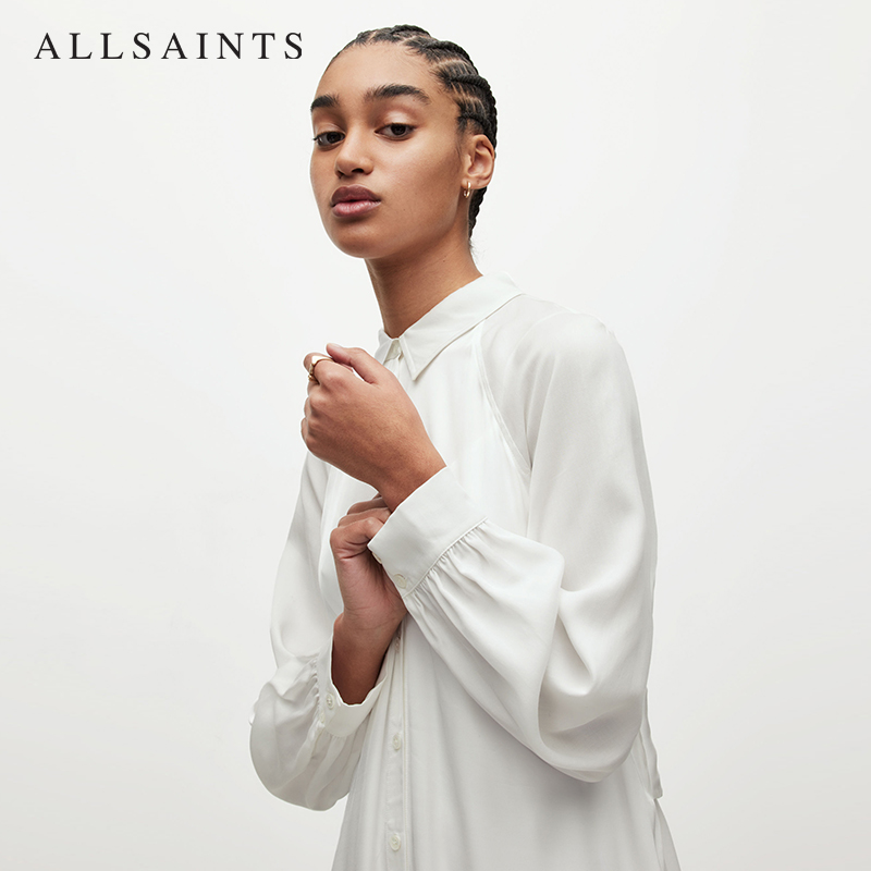 ALLSAINTS女士长袖连衣裙春秋季款白色系带打底衬衫裙WD388Y - 图2