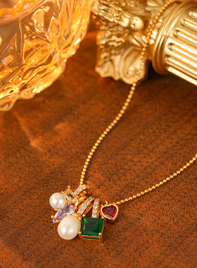 新款彩色锆石珍珠项链轻奢高级感小众设计百搭锁骨链时尚简约首饰