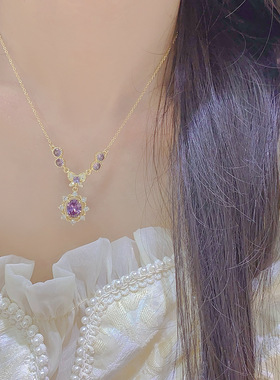 法式复古紫锆石蝴蝶项链女耳钉耳夹手链项链首饰浪漫轻奢高级套装