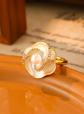 新款山茶花贝母活口戒指女法式轻奢小众设计高级指环时尚百搭首饰