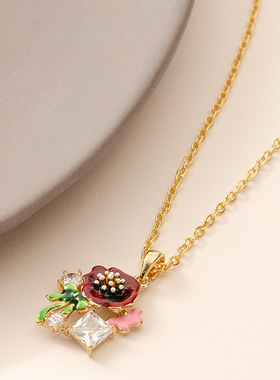 新款时尚轻奢珐琅滴油花朵项链女小众设计高级百搭锁骨链精致配饰