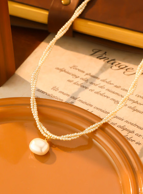 新款双层缠绕方糖珍珠吊坠项链女轻奢小众高级百搭锁骨链颈链配饰