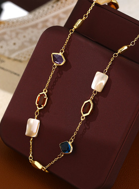 新款时尚轻奢天然彩色贝母水晶项链女小众高级百搭锁骨链精致首饰