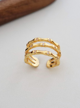 新款复古时尚金色竹节戒指女小众设计感高级轻奢开口指环简约首饰