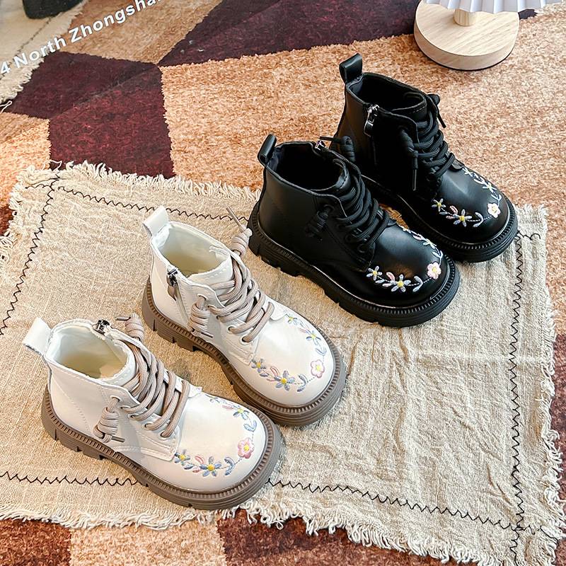 Girls' short boots embroidered flower leather boots children's fashion