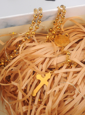 十饰纪钛钢十字架项链金色圆珠