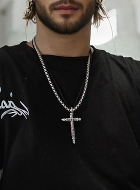 欧美双层链十字架吊坠项链男潮