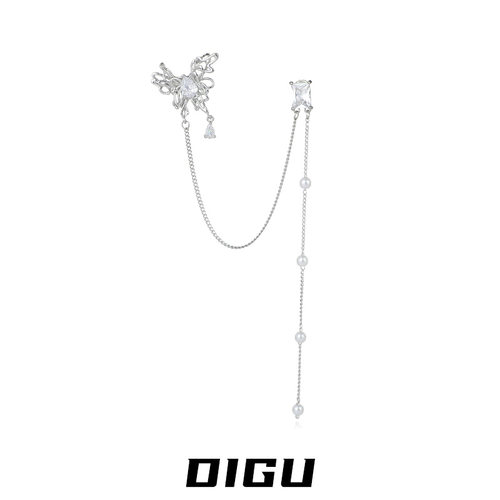 DIGU气质精灵蝴蝶耳夹耳环一体式纯欲镶钻流苏耳钉轻奢高级感耳饰 - 图1