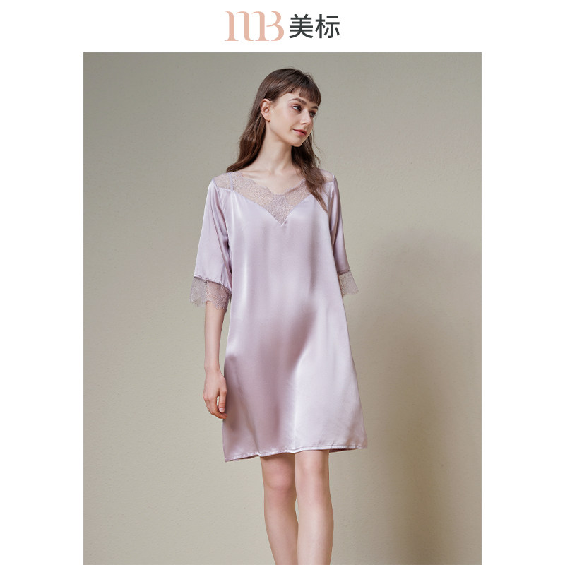 美标女春重磅桑蚕丝七分袖蕾丝睡裙 美标杭州睡裙