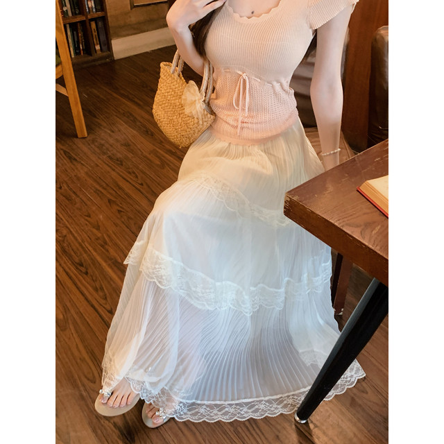 Anli 2026 summer ໃຫມ່ elastic waist layered lace gauze skirt