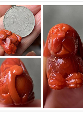 天然川料 柿子红火焰纹 南红玛瑙立体小狗吊坠十二生肖雕刻项坠