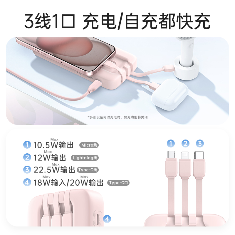 罗马仕20000毫安充电宝自带线22.5W超级快充双向超大容量超薄小巧便携适用华为小米苹果iPhone官方正品旗舰店