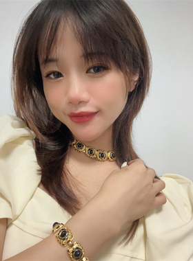 女复古中古款珐琅黑金手链项链