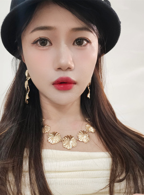 复古金色叶子欧美耳钉耳夹项链