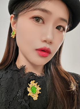 绿色琉璃镀真金保色耳钉耳夹胸针
