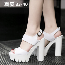 Босоножки 真皮超高跟女凉鞋粗跟厚底工作2022新款防水台走秀跳舞鞋婚纱鞋33 Hong Kong