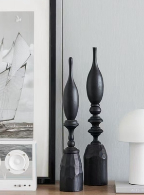 进口黑色木制侘寂风桌面艺术摆件