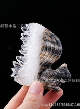 天然白水晶晶簇小松鼠摆件 原石矿标雕刻水晶工艺品装饰摆件