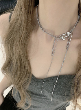 原创设计感别针亮钻流苏项链