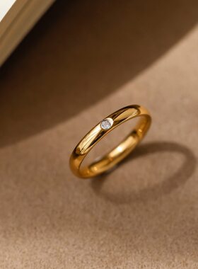 光面复古金色微镶圆钻戒指女
