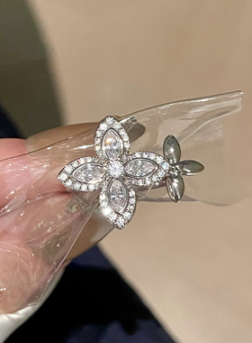 菱花戒指银色满钻轻奢高级感