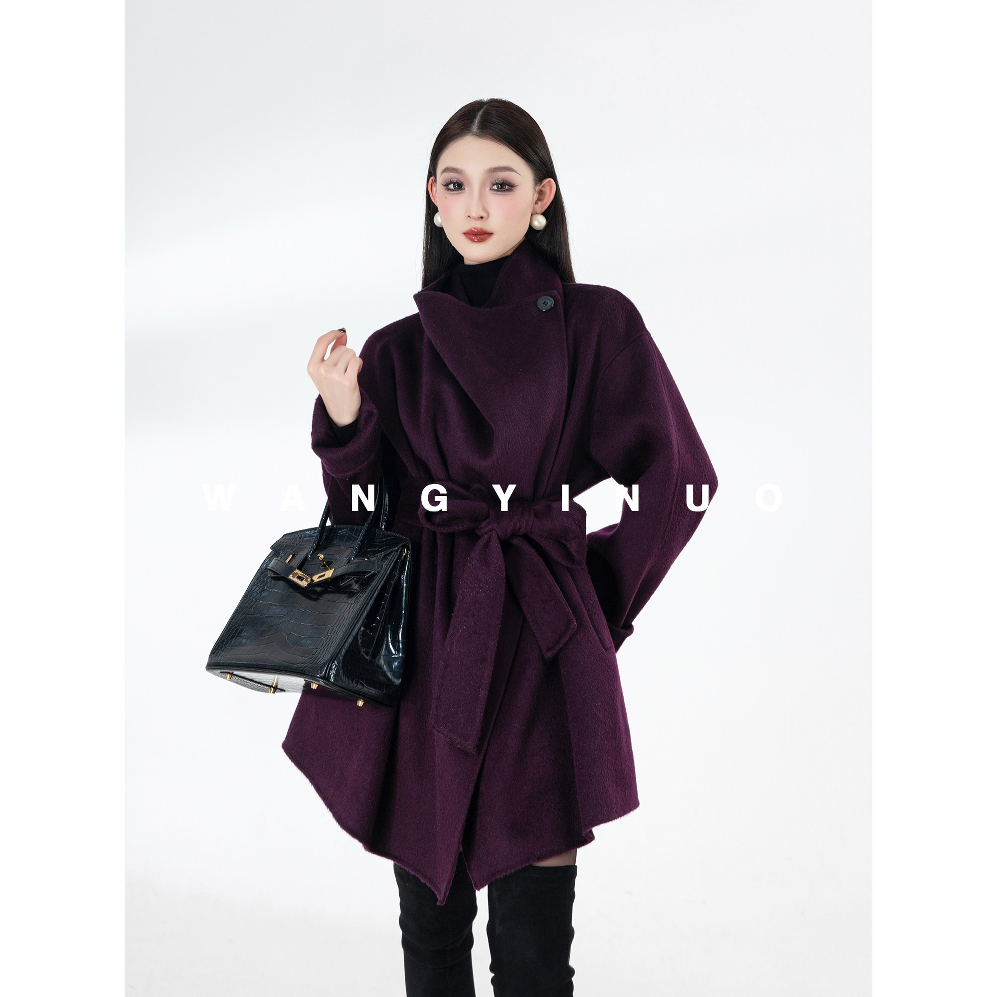 MD依诺【南国千金】2025冬季款休闲时尚百搭系带羊毛简约大衣外套,淘宝优惠券,粉丝福利购,淘宝优惠卷