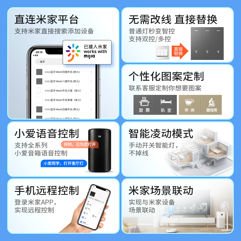 已接入米家智能开关无线控制面板小爱同学语音四开凌动双控单零火-图0