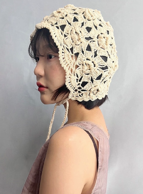 日系编织花朵镂空帽春秋季女