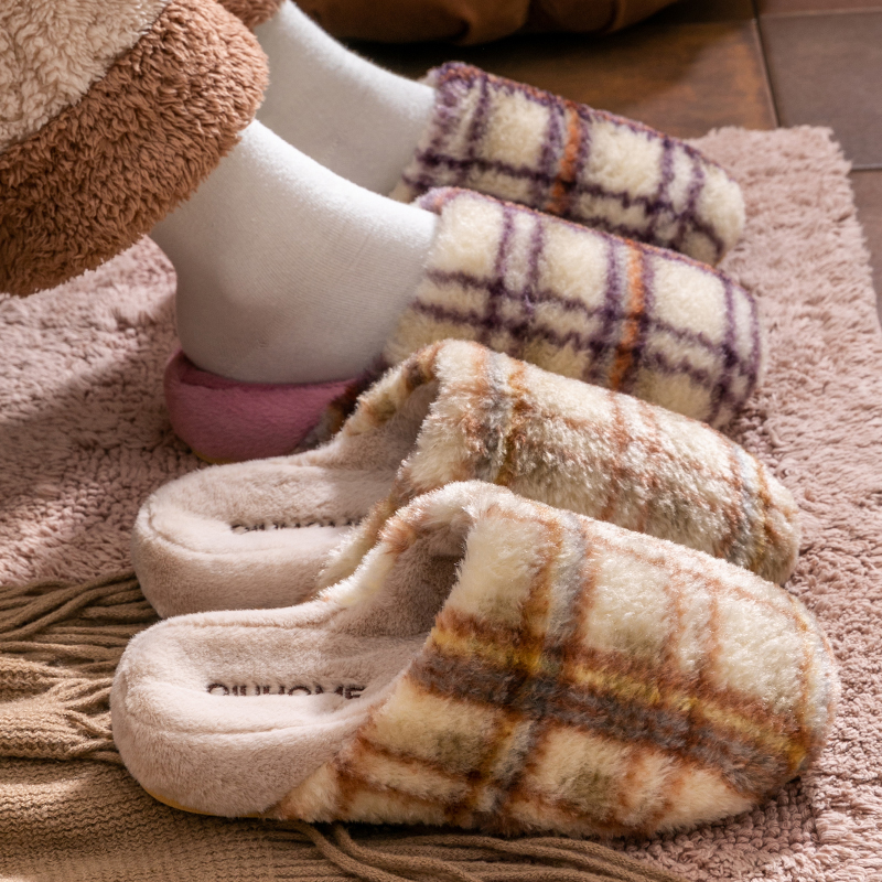 格子棉拖鞋女秋冬季居家室内地板包头软底简约高级保暖毛绒拖鞋男 - 图1