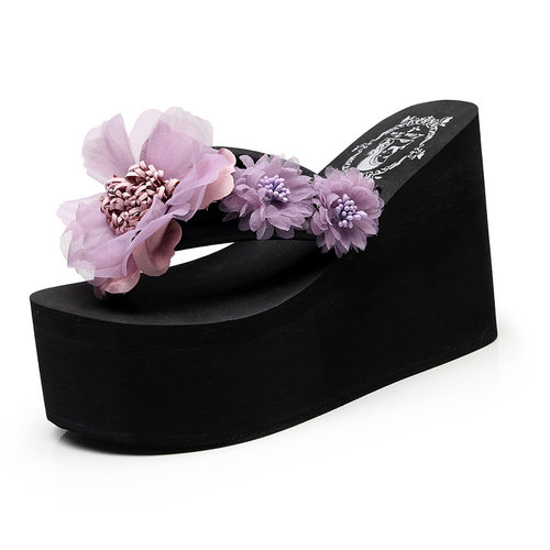 社会女高跟拖鞋女夏花朵新款时尚沙滩网红同款厚底凉拖外穿人字拖 - 图0
