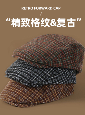贝雷前进帽女大头围复古格纹艺术画家反戴百搭显脸小春秋鸭舌帽子