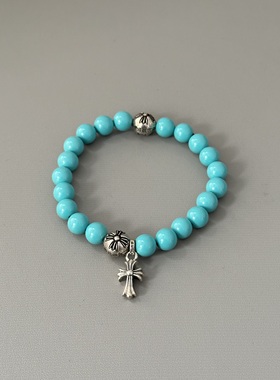 匠银JY925纯银鸢尾花十字架8MM天然绿松石银饰情侣手链手串