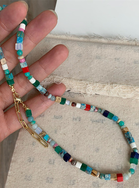 奔跑吧张真源同款蓝色串珠项链小众国风高级感百搭气质颈链锁骨链